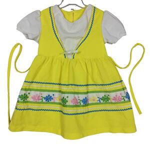 Vintage Swedish Traditional Folk Dress Size 4T Yellow and White with Floral Embr